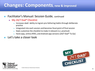 2015 National Fatherhood Initiative
Changes: Components, new & improved
21
 Facilitator’s Manual: Session Guide, continued
 My 24/7 Dad® Checklist
 Increases dads’ ability to ingrain pro-fathering habits through deliberate
practice
 Integrated into each session and becomes focal point of final session
 Dads customize the checklist to make it relevant (i.e. practical)
 Hard copy, online (PDF), and Android-app versions (24/7 Dad® To Go)
 Let’s take a closer look
 