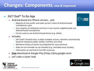 2015 National Fatherhood Initiative
Changes: Components, new & improved
24
 24/7 Dad® To Go App
 Android-based (no iPhone version… yet)
 Majority of men prefer and make up lion’s share of Android-based
smartphones users
 Vast majority of individuals and men in low-income neighborhoods use
Android-based smartphones
 Can be used on any Android-based device (e.g. tablet)
 Includes
 24/7 Dad® Checklist that, as dads complete actions, refreshes automatically
based on frequency (daily, weekly, monthly, one-time)
 Maintains history of actions accomplished for easy reference
 Dads can set reminder to use checklist (e.g. reminded every Sunday)
 Information on and links to free NFI resources
 Free download at Google Play (https://play.google.com)
 Let’s take a closer look
 