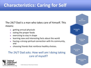 2015 National Fatherhood Initiative
Caring for SelfThe 24/7 Dad is a man who takes care of himself. This
means:
 getting annual physicals
 eating the proper foods
 exercising to stay in shape
 learning new and interesting facts about the world
 having a strong spiritual connection with his community,
and
 choosing friends that reinforce healthy choices.
The 24/7 Dad asks: How well am I doing taking
care of myself?
Self-
Awareness
Caring for
Self
Fathering
Skills
Parenting
Skills
Relationship
Skills
Characteristics: Caring for Self
 