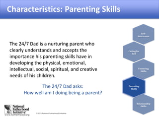 2015 National Fatherhood Initiative
Parenting Skills
The 24/7 Dad is a nurturing parent who
clearly understands and accepts the
importance his parenting skills have in
developing the physical, emotional,
intellectual, social, spiritual, and creative
needs of his children.
The 24/7 Dad asks:
How well am I doing being a parent?
Self-
Awareness
Caring for
Self
Fathering
Skills
Parenting
Skills
Relationship
Skills
Characteristics: Parenting Skills
 
