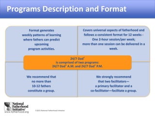 2015 National Fatherhood Initiative
Programs Description &
Format
Format generates
weekly patterns of learning
where fath...