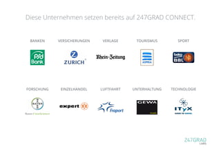 Diese Unternehmen setzen bereits auf 247GRAD CONNECT.
BANKEN
FORSCHUNG
VERSICHERUNGEN
EINZELHANDEL
VERLAGE
LUFTFAHRT
TOURI...