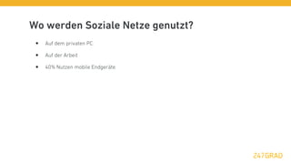 Wo werden Soziale Netze genutzt?
 •   Auf dem privaten PC

 •   Auf der Arbeit

 •   40% Nutzen mobile Endgeräte
 