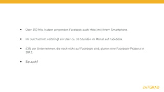•   Über 350 Mio. Nutzer verwenden Facebook auch Mobil mit Ihrem Smartphone.


•   Im Durchschnitt verbringt ein User ca. 30 Stunden im Monat auf Facebook.


•   63% der Unternehmen, die noch nicht auf Facebook sind, planen eine Facebook-Präsenz in
    2012.


•   Sie auch?
 
