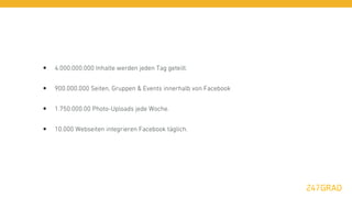 •   4.000.000.000 Inhalte werden jeden Tag geteilt.


•   900.000.000 Seiten, Gruppen & Events innerhalb von Facebook


•   1.750.000.00 Photo-Uploads jede Woche.


•   10.000 Webseiten integrieren Facebook täglich.
 