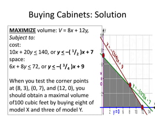 Buying Cabinets: Solution
MAXIMIZE volume: V = 8x + 12y,
Subject to:
cost:
10x + 20y < 140, or y < –( 1/2 )x + 7
space:
6x + 8y < 72, or y < –( 3/4 )x + 9
When you test the corner points
at (8, 3), (0, 7), and (12, 0), you
should obtain a maximal volume
of100 cubic feet by buying eight of
model X and three of model Y.
 