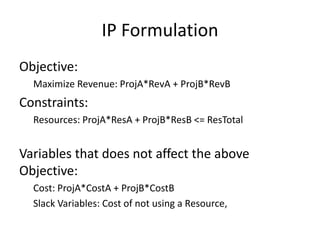 IP Formulation
Objective:
Maximize Revenue: ProjA*RevA + ProjB*RevB
Constraints:
Resources: ProjA*ResA + ProjB*ResB <= ResTotal
Variables that does not affect the above
Objective:
Cost: ProjA*CostA + ProjB*CostB
Slack Variables: Cost of not using a Resource,
 