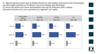 28
1ª. Algumas pessoas acham que as eleições deviam ter sido adiadas, pois houve muita manipulação
nas informações postadas no Facebook e nas encaminhadas pelo WhatsApp;
2ª. Outras não acham que houve manipulação e que não há razão para adiar a eleição.
Com qual concorda mais: com a primeira ou a segunda? (por região)
 