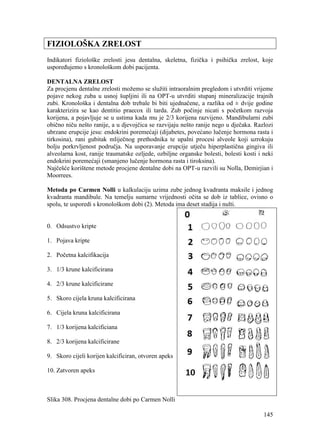 145
FIZIOLOŠKA ZRELOST
Indikatori fiziološke zrelosti jesu dentalna, skeletna, fizička i psihička zrelost, koje
uspoređujemo s kronološkom dobi pacijenta.
DENTALNA ZRELOST
Za procjenu dentalne zrelosti možemo se služiti intraoralnim pregledom i utvrditi vrijeme
pojave nekog zuba u usnoj šupljini ili na OPT-u utvrditi stupanj mineralizacije trajnih
zubi. Kronološka i dentalna dob trebale bi biti ujednačene, a razlika od ± dvije godine
karakterizira se kao dentitio praecox ili tarda. Zub počinje nicati s početkom razvoja
korijena, a pojavljuje se u ustima kada mu je 2/3 korijena razvijeno. Mandibularni zubi
obično niču nešto ranije, a u djevojčica se razvijaju nešto ranije nego u dječaka. Razlozi
ubrzane erupcije jesu: endokrini poremećaji (dijabetes, povećano lučenje hormona rasta i
tirkosina), rani gubitak mliječnog prethodnika te upalni procesi alveole koji uzrokuju
bolju porkrvljenost područja. Na usporavanje erupcije utječu hiperplastična gingiva ili
alveolarna kost, ranije traumatske ozljede, ozbiljne organske bolesti, bolesti kosti i neki
endokrini poremećaji (smanjeno lučenje hormona rasta i tiroksina).
Najčešće korištene metode procjene dentalne dobi na OPT-u razvili su Nolla, Demirjian i
Moorrees.
Metoda po Carmen Nolli u kalkulaciju uzima zube jednog kvadranta maksile i jednog
kvadranta mandibule. Na temelju sumarne vrijednosti očita se dob iz tablice, ovisno o
spolu, te usporedi s kronološkom dobi (2). Metoda ima deset stadija i nulti.
0. Odsustvo kripte
1. Pojava kripte
2. Početna kalcifikacija
3. 1/3 krune kalcificirana
4. 2/3 krune kalcificirane
5. Skoro cijela kruna kalcificirana
6. Cijela kruna kalcificirana
7. 1/3 korijena kalcificiana
8. 2/3 korijena kalcificirane
9. Skoro cijeli korijen kalcificiran, otvoren apeks
10. Zatvoren apeks
Slika 308. Procjena dentalne dobi po Carmen Nolli
 