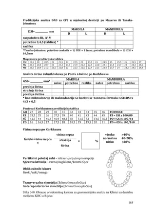 185
Predikcijska analiza DAD za CP2 u mješovitoj denticiji po Moyersu ili Tanaka-
Johnstonu
DSI= ___________ mm
MAKSILA MANDIBULA
D L D L
raspoloživo III, IV, V
potrebno 3,4,5 (tablica) *
razlika
*Tanaka-Johnston: potrebno maksila = ½ DSI + 11mm; potrebno mandibula = ½ DSI +
10,5mm
Moyersova predikcijska tablica
DSI 19,5 20 20,5 21 21,5 22 22,5 23 23,5 24 24,5 25 25,5 26 26,5 27
Mx 20,1 20,4 20,7 21 21,3 21,6 21,9 22,2 22,5 22,8 23,1 23,4 23,7 24 24,3 24,6
Md 20,6 20,9 21,2 21,5 21,8 22 22,3 22,6 22,9 23,1 23,4 23,7 24 24,2 24,5 24,8
Analiza širine zubnih lukova po Pontu i dužine po Korkhausu
GSI= ___________ mm*
MAKSILA MANDIBULA
nalaz potrebno razlika nalaz potrebno razlika
prednja širina
stražnja širina
prednja dužina
* kod mikrodoncije ili makrodoncije GI koristi se Tonnova formula: GSI=DSI x
4/3 + 0,5
Pontova i Korkhausova predikcijska tablica
GSI 27 28 29 30 31 32 33 34 35 36 FORMULE
PŠ 33,5 35 36 37,5 39 40 41 43 44 45 PŠ = GSI x 100/80
SŠ 42,5 44 45,3 46,9 48,2 50 51,5 53 54,5 56,3 PD = GSI x 100/64
PD 16 16,5 17 17,5 18 18,5 19 19,5 20 21 PD = GSI x 100/160
Visina nepca po Korkhausu
Indeks visine nepca
=
visina nepca
= %
visoko
normalno
nisko
>40%
40-28%
<28%
stražnja
širina
Vertikalni položaj zubi – infraerupcija/supraerupcija
Speeova krivulja – ravna/naglašena/kontra Spee
Oblik zubnih lukova
široki/uski/omega
Transverzalna simetrija (Schmuthova pločica)
Anteroposteriorna simetrija (Schmuthova pločica)
Slika 360. Obrazac ortodontskog kartona za gnatometrijsku analizu na Klinici za dentalnu
medicinu KBC-a Rijeka
 