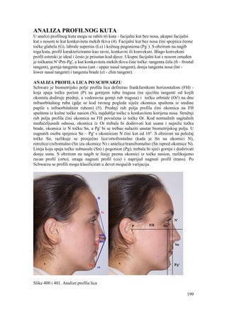 199
ANALIZA PROFILNOG KUTA
U analizi profilnog kuta mogu se rabiti tri kuta - facijalni kut bez nosa, ukupni facijalni
kut s nosom te kut konkaviteta mekih tkiva (4). Facijalni kut bez nosa čini spojnica čeone
točke glabela (G), labrale superius (Ls) i kožnog pogoniona (Pg`). S obzirom na nagib
toga kuta, profil karakteriziramo kao ravni, konkavni ili konveksni. Blago konveksni
profil estetski je ideal i često je prisutan kod djece. Ukupni facijalni kut s nosom omeđen
je točkama N'-Prn-Pg', a kut konkaviteta mekih tkiva čine točke: tangenta čela (ft - frontal
tangent), gornja tangenta nosa (unt - upper nasal tangent), donja tangenta nosa (lnt -
lower nasal tangent) i tangenta brade (ct - chin tangent).
ANALIZA PROFILA LICA PO SCHWARZU
Schwarz je biometrijsko polje profila lica definirao frankfurstkom horizontalom (FH) -
koja spaja točku porion (P) na gornjem rubu tragusa (na sjecištu tangenti od kojih
okomita dodiruje prednji, a vodoravna gornji rub tragusa) i točku orbitale (Or') na dnu
infraorbitalnog ruba (gdje se kod ravnog pogleda siječe okomica spuštena iz sredine
pupile s infraorbitalnim rubom) (5). Prednji rub polja profila čini okomica na FH
spuštena iz kožne točke nasion (N), najdublje točke u konkavitetu korijena nosa. Stražnji
rub polja profila čini okomica na FH povučena iz točke Or. Kod normalnih sagitalnih
međučeljusnih odnosa, okomica iz Or trebala bi dodirivati kut usana i najnižu točku
brade, okomica iz N točku Sn, a Pg' bi se trebao nalaziti unutar biometrijskog polja. U
eugnatih osoba spojnica Sn – Pg' s okomicom N čini kut od 10°. S obzirom na položaj
točke Sn, razlikuje se prosječno lice/ortofrontalno (kada je Sn na okomici N),
retrolice/cisfrontalno (Sn iza okomice N) i antelice/transfrontalno (Sn ispred okomice N).
Linija koja spaja točke subnasale (Sn) i pogonion (Pg), trebala bi sjeći gornju i dodirivati
donju usnu. S obzirom na nagib te linije prema okomici iz točke nasion, razlikujemo
ravan profil (orto), straga nagnuti profil (cis) i naprijed nagnuti profil (trans). Po
Schwarzu se profili mogu klasificirati u devet mogućih varijacija.
Slike 400 i 401. Analize profila lica
 