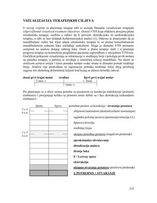 215
VIZUALIZACIJA TERAPIJSKIH CILJEVA
U novije vrijeme za planiranje terapije rabi se metoda Dentalni vizualizirani terapijski
ciljevi (Dental visualized treatment objectives, Dental VTO) koja olakšava procjenu plana
ortodontske terapije, osobito u odluci da li provesti ekstrakcijsku ili neekstrakcijsku
terapiju, a rabi se kao dodatak kefalometrijskoj analizi (1). Odavno je prepoznato da je
mandibularni zubni luk ključ plana ortodontske terapije te se prema konsolidiranom
mandibularnom zubnom luku usklađuje maksilarni. Stoga je dentalni VTO primarno
usmjeren na analizu donjeg zubnog luka. Osim u planu terapije služi i u praćenju
progresa terapije na kontrolnim pregledima pacijenta usporedbom s inicijalnim VTO-om.
Grafičkim prikazom vizualiziraju se informacije o središnjoj liniji i položaju prvih molara
na početku terapije, a položaj se utvrđuje u centričnoj relaciji mandibule. Na shemi se
strelicom ucrtava smijer i iznos pomaka molara svake strane te dentalni pomak središnje
linije. Analiza nije predviđena za registraciju pomaka središnje linije zbog prisilnog
zagriza niti skeletnog deformiteta čeljusti kod kojeg se planira kirurški zahvat.
desni prvi trajni molar sredina lijevi prvi trajni molar
2 mm→ ←3mm
1mm→
Pri planiranju se u obzir uzima potreba za prostorom za korekciju malokluzije (primarni
čimbenici) i procjenjuje koliko se prostora može dobiti sa i bez ekstrakcija (sekundarni
čimbenici)
desno lijevo potreban prostor za korekciju / stvaranje prostora
3 x 3
zbijenost/rastresitost (dentoalveolarni nesrazmjer)
6 x 6
sagitalni položaj inciziva (protruzija/retruzija LL)
Speeova krivulja
središnja linija
3 x 3
ukupno potrebno prostora (negativni predznak)
6 x 6
aproksimalno ubrušavanje
distalizacija molara
širenje luka
E / Leeway space
ekstrakcija
ukupno stvaranje prostora (pozitivni predznak)
Σ POTREBNO + STVARANJE
 