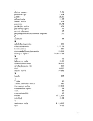 223
pločaste naprave 3, 38
podbradak-kapa 3, 104
poliklav 35, 56
polimerizacija 31-37
Pontova analiza 173
pozicioner 68, 72
predikcijske analize 179
preventivne naprave 97
preventivni postupci 97
procjena potrebe za ortodontskom terapijom 202
Q
quad helix 83
R
radiološka dijagnostika 141
reducirani aktivator 53, 57, 58
Reesova analiza 186
rengenska kefalometrijska analiza 153-161
retencijske naprave 44-45, 93-95
S
sadra 11
Schwarzova ploča 38-40
selektivno ubrušavanje 104-106
serijska ekstrakcija zubi 109
sisač 99-102
skeletna zrelost 150-152
Š
špatula 103
T
T ploča 40
Tanaka-Johnstonova analiza 180
telerengenska analiza 153-161
termoplastične naprave 68
TMA 88
transpalatinalni luk 82
trenažer 70-72, 109
twin block 43-44
V
vestibularna ploča 4, 110-112
vijci 26-31
 