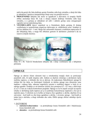 24
način da gornji dio luka dodiruje gornje frontalne zube koje retrudira, a donji dio luka
je odmaknut i sprečava interponiranje donje usne iza gornjih inciziva.
8. PROGENIJSKI labijalni luk može se ugrađivati u aktivatore za terapiju blažih
oblika anomalija klase III. Luk u donjoj čeljusti dodiruje frontalne zube koje
retrudira, a u gornjoj je odmaknut od zubi i odmiče gornju usnu omogućujući
sagitalni razvoj maksilarnog luka.
9. VESTIBULARNI lukovi smješteni su u frontalnom dijelu gornjeg ili donjeg
vestibuluma te neutraliziraju negativno djelovanje m. orbikularisa orisa. Izrađuju se
od žice debljine 0,8 - 1 mm. Mogu biti samostalni elementi u mobilnim napravama ili
dio labijalnog luka, a mogu biti obloženi gumom ili akrilatom („bužirani“) da ne
izazovu ozljede sluznice.
Slike 85 i 86. Valoviti bimaksilarni labijalni luk i donji vestibularni luk s labijalnim
pelotama
OPRUGE
Opruge su aktivni žičani elementi koji u ortodontskoj terapiji služe za pomicanje
pojedinih zubi, ili rjeđe skupina zubi. Jednim se dijelom retiniraju u akrilatnom tijelu
mobilne naprave, a slobodni dio im je aktivan. Za maksimum fleksibilnosti opruga bi
trebala biti što duža, no limitirajući čimbenik za dužinu opruge jesu dimenzije usne
šupljine i zubnog luka, odnosno raspoloživi prostor u mobilnoj napravi u koju će se
opruga ugraditi. Izrađuju se od elastične čelične žice promjera 0,3 - 0,7 mm, a aktiviraju
se za 1-2 mm na svakom kontrolnom pregledu. Opruge se ne bi smjele savijati na mjestu
izlaska iz akrilatnog tijela naprave jer je to područje koncentracije napetosti u žici pa tu
najčešće puca. S obzirom na to koliko je krajeva žice ugrađeno u akrilat, dijelimo ih na
zatvorene - kod kojih su oba kraja ugrađena u akrilat, i otvorene opruge - kod kojih je
jedan kraj u akrilatu, a drugi slobodan oko zuba. Oblik opruge obično određuje njezin
naziv (1).
1. ZATVORENE
omčasta/ovalna/osmica – za protrudiranje kruna frontalnih zubi i bukalizaciju
kruna lateralnih zubi
ukosnica – za protrudiranje kruna frontalnih zubi
 
