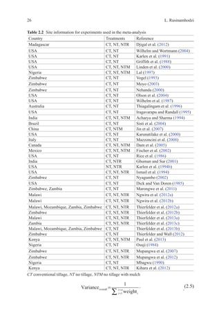 L. Rusinamhodzi
26
.
(2.5)
Variance
weight
overall =
=
=
∑
1
1
i
i n
i
.
Table 2.2   Site information for experiments used in the meta-analysis
Country Treatments Reference
Madagascar CT, NT, NTR Djigal et al. (2012)
USA CT, NT Wilhelm and Wortmann (2004)
USA CT, NT Karlen et al. (1991)
USA CT, NT Griffith et al. (1988)
USA CT, NT, NTM Linden et al. (2000)
Nigeria CT, NT, NTM Lal (1997)
Zimbabwe CT, NT Vogel (1993)
Zimbabwe CT, NT Moyo (2003)
Zimbabwe CT, NT Nehanda (2000)
USA CT, NT Olson et al. (2004)
USA CT, NT Wilhelm et al. (1987)
Australia CT, NT Thiagalingam et al. (1996)
USA CT, NT Iragavarapu and Randall (1995)
India CT, NT, NTM Acharya and Sharma (1994)
Brazil CT, NT Sisti et al. (2004)
China CT, NTM Jin et al. (2007)
USA CT, NT Karunatilake et al. (2000)
Italy CT, NT Mazzoncini et al. (2008)
Canada CT, NT, NTM Dam et al. (2005)
Mexico CT, NT, NTM Fischer et al. (2002)
USA CT, NT Rice et al. (1986)
India CT, NTR Ghuman and Sur (2001)
USA NT, NTR Karlen et al. (1994b)
USA CT, NT, NTR Ismail et al. (1994)
Zimbabwe CT, NT Nyagumbo (2002)
USA CT, NT Dick and Van Doren (1985)
Zimbabwe, Zambia CT, NT Marongwe et al. (2011)
Malawi CT, NT, NTR Ngwira et al. (2012a)
Malawi CT, NT, NTR Ngwira et al. (2012b)
Malawi, Mozambique, Zambia, Zimbabwe CT, NT, NTR Thierfelder et al. (2012a)
Zimbabwe CT, NT, NTR Thierfelder et al. (2012b)
Malawi CT, NT, NTR Thierfelder et al. (2013a)
Zambia CT, NT, NTR Thierfelder et al. (2013c)
Malawi, Mozambique, Zambia, Zimbabwe CT, NT Thierfelder et al. (2013b)
Zimbabwe CT, NT Thierfelder and Wall (2012)
Kenya CT, NT, NTM Paul et al. (2013)
Nigeria CT, NT Osuji (1984)
Zimbabwe CT, NT, NTR Mupangwa et al. (2007)
Zimbabwe CT, NT, NTR Mupangwa et al. (2012)
Nigeria CT, NT Mbagwu (1990)
Kenya CT, NT, NTR Kihara et al. (2012)
CT conventional tillage, NT no tillage, NTM no tillage with mulch
 