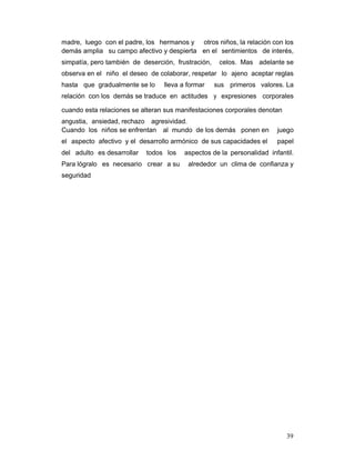 madre, luego con el padre, los hermanos y otros niños, la relación con los
demás amplia su campo afectivo y despierta en el sentimientos de interés,
simpatía, pero también de deserción, frustración, celos. Mas adelante se
observa en el niño el deseo de colaborar, respetar lo ajeno aceptar reglas
hasta que gradualmente se lo lleva a formar sus primeros valores. La
relación con los demás se traduce en actitudes y expresiones corporales
cuando esta relaciones se alteran sus manifestaciones corporales denotan
angustia, ansiedad, rechazo agresividad.
Cuando los niños se enfrentan al mundo de los demás ponen en juego
el aspecto afectivo y el desarrollo armónico de sus capacidades el papel
del adulto es desarrollar todos los aspectos de la personalidad infantil.
Para lógralo es necesario crear a su alrededor un clima de confianza y
seguridad
39
 