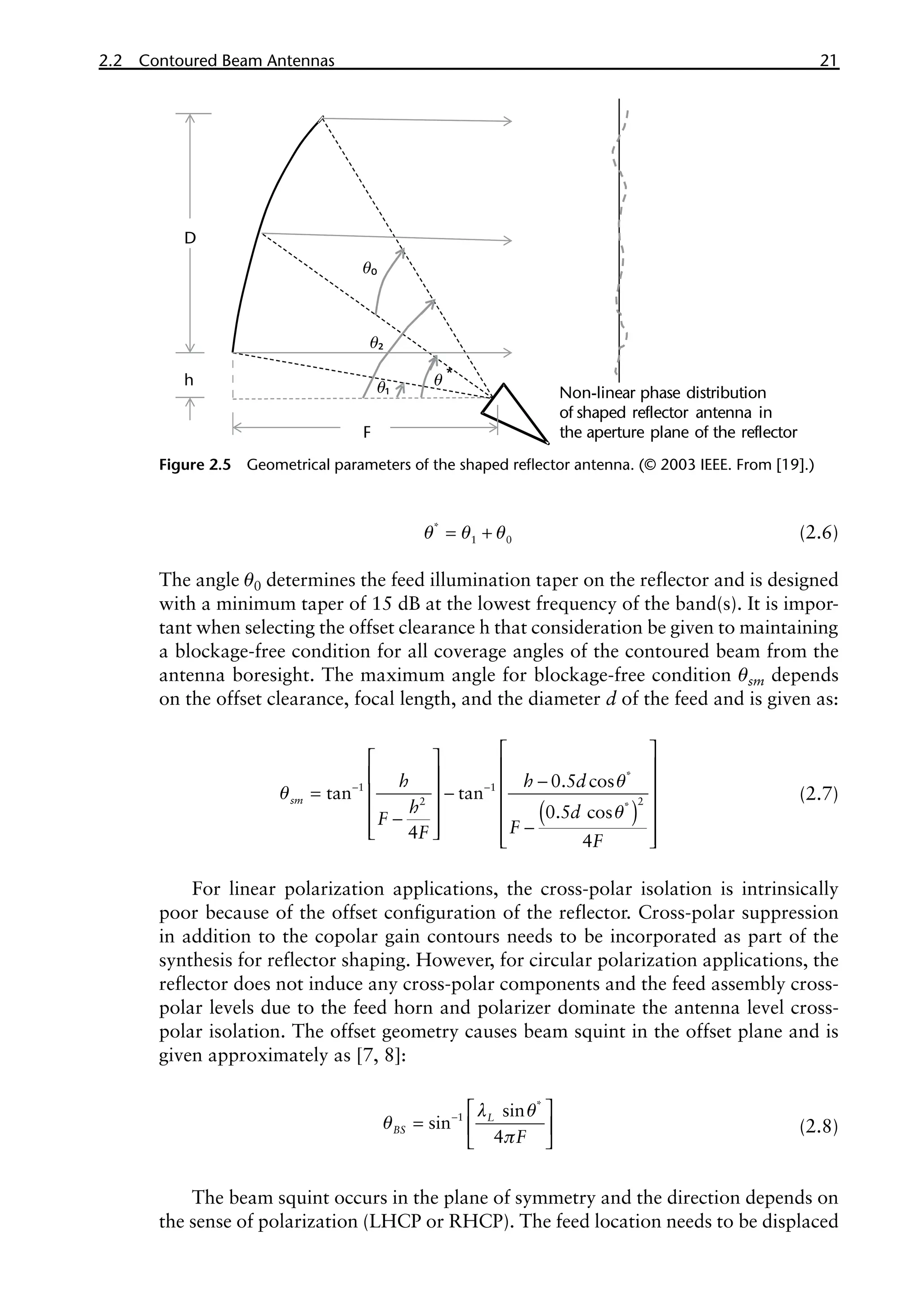 2.2 Contoured Beam Antennas 21
q q q
= +
*
1 0 (2.6)
The angle θ0 determines the feed illumination taper on the reflector and is designed
with a minimum taper of 15 dB at the lowest frequency of the band(s). It is impor-
tant when selecting the offset clearance h that consideration be given to maintaining
a blockage-free condition for all coverage angles of the contoured beam from the
antenna boresight. The maximum angle for blockage-free condition θsm depends
on the offset clearance, focal length, and the diameter d of the feed and is given as:
( )
q
q
q
- -
 
   
  -
 
= -
   
 
-  
-
 
   
 
*
1 1
2 2
*
0.5 cos
tan tan
0.5 cos
4 4
sm
h h d
h d
F F
F F
(2.7)
For linear polarization applications, the cross-polar isolation is intrinsically
poor because of the offset configuration of the reflector. Cross-polar suppression
in addition to the copolar gain contours needs to be incorporated as part of the
synthesis for reflector shaping. However, for circular polarization applications, the
reflector does not induce any cross-polar components and the feed assembly cross-
polar levels due to the feed horn and polarizer dominate the antenna level cross-
polar isolation. The offset geometry causes beam squint in the offset plane and is
given approximately as [7, 8]:
l q
q
p
-  
=  
 
*
1 sin
sin
4
L
BS
F
(2.8)
The beam squint occurs in the plane of symmetry and the direction depends on
the sense of polarization (LHCP or RHCP). The feed location needs to be displaced
Figure 2.5 Geometrical parameters of the shaped reflector antenna. (© 2003 IEEE. From [19].)
h
D
F
θ₂
θ₁
θ₀
θ *
Non-linear phase distribution
of shaped reflector antenna in
the aperture plane of the reflector
 