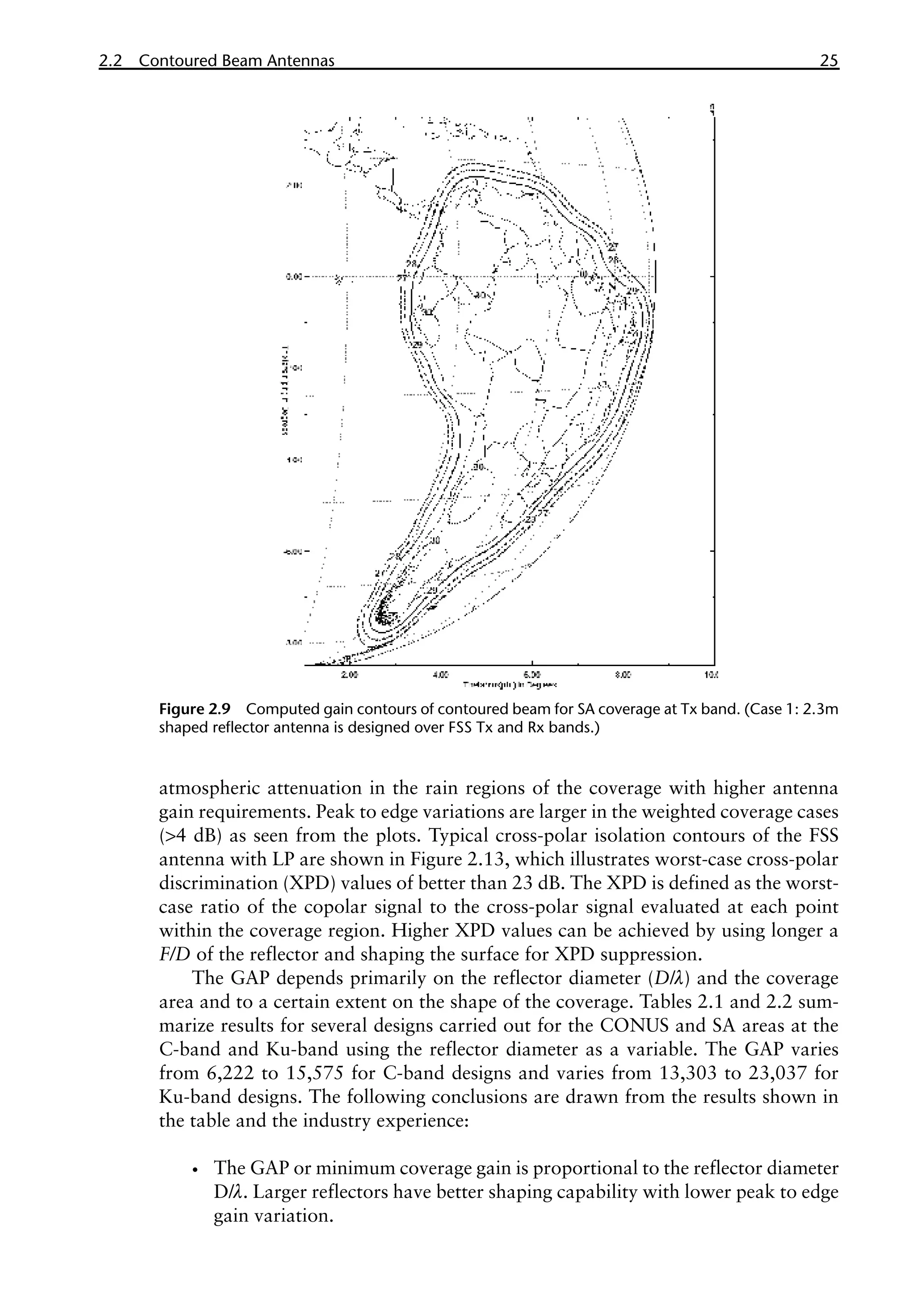 2.2 Contoured Beam Antennas 25
atmospheric attenuation in the rain regions of the coverage with higher antenna
gain requirements. Peak to edge variations are larger in the weighted coverage cases
(>4 dB) as seen from the plots. Typical cross-polar isolation contours of the FSS
antenna with LP are shown in Figure 2.13, which illustrates worst-case cross-polar
discrimination (XPD) values of better than 23 dB. The XPD is defined as the worst-
case ratio of the copolar signal to the cross-polar signal evaluated at each point
within the coverage region. Higher XPD values can be achieved by using longer a
F/D of the reflector and shaping the surface for XPD suppression.
The GAP depends primarily on the reflector diameter (D/λ) and the coverage
area and to a certain extent on the shape of the coverage. Tables 2.1 and 2.2 sum-
marize results for several designs carried out for the CONUS and SA areas at the
C-band and Ku-band using the reflector diameter as a variable. The GAP varies
from 6,222 to 15,575 for C-band designs and varies from 13,303 to 23,037 for
Ku-band designs. The following conclusions are drawn from the results shown in
the table and the industry experience:
•
• The GAP or minimum coverage gain is proportional to the reflector diameter
D/λ. Larger reflectors have better shaping capability with lower peak to edge
gain variation.
Figure 2.9 Computed gain contours of contoured beam for SA coverage at Tx band. (Case 1: 2.3m
shaped reflector antenna is designed over FSS Tx and Rx bands.)
 