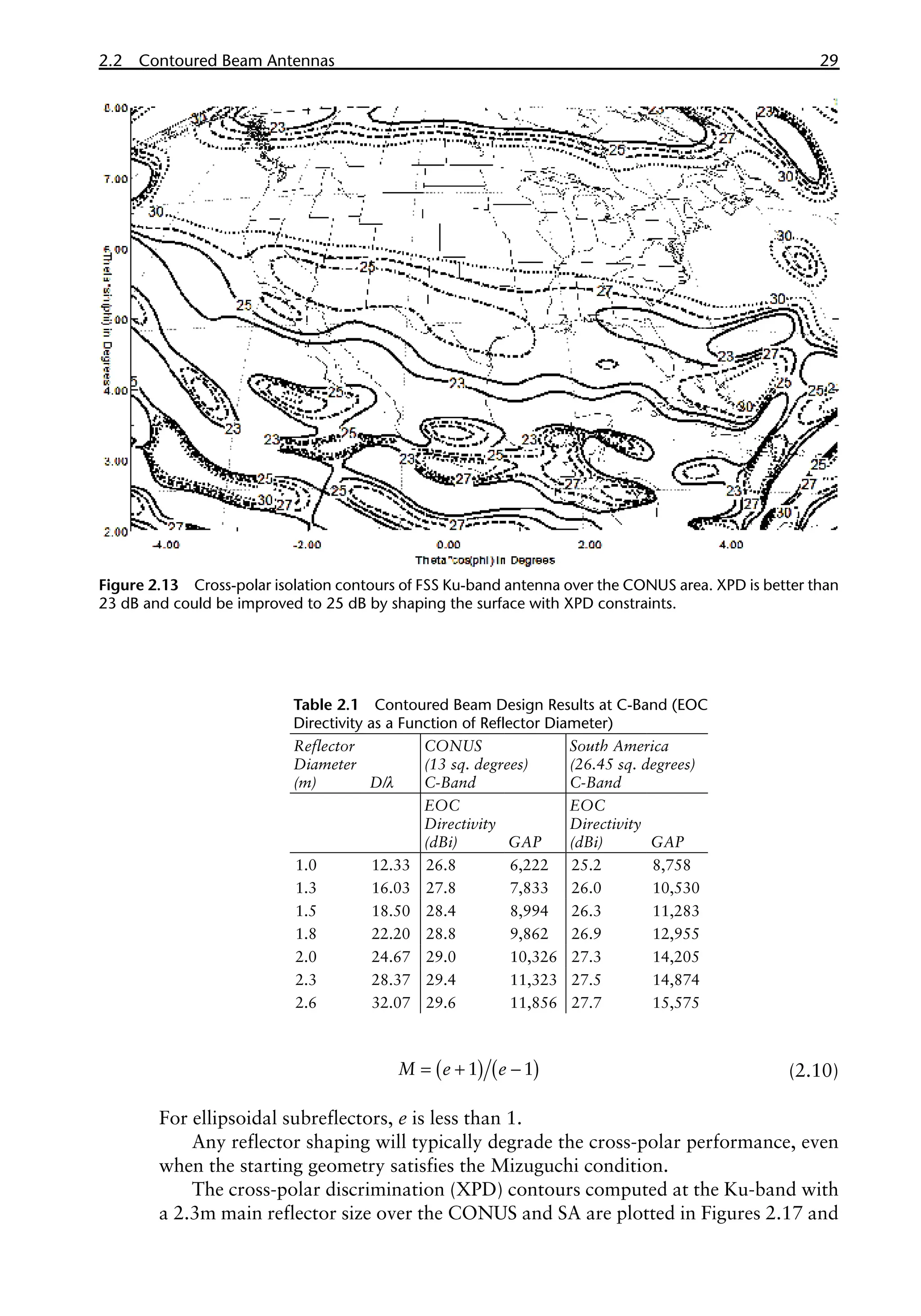 2.2 Contoured Beam Antennas 29
( ) ( )
= + -
1 1
M e e (2.10)
For ellipsoidal subreflectors, e is less than 1.
Any reflector shaping will typically degrade the cross-polar performance, even
when the starting geometry satisfies the Mizuguchi condition.
The cross-polar discrimination (XPD) contours computed at the Ku-band with
a 2.3m main reflector size over the CONUS and SA are plotted in Figures 2.17 and
Figure 2.13 Cross-polar isolation contours of FSS Ku-band antenna over the CONUS area. XPD is better than
23 dB and could be improved to 25 dB by shaping the surface with XPD constraints.
Table 2.1 Contoured Beam Design Results at C-Band (EOC
Directivity as a Function of Reflector Diameter)
Reflector
Diameter
(m) D/λ
CONUS
(13 sq. degrees)
C-Band
South America
(26.45 sq. degrees)
C-Band
EOC
Directivity
(dBi) GAP
EOC
Directivity
(dBi) GAP
1.0 12.33 26.8 6,222 25.2 8,758
1.3 16.03 27.8 7,833 26.0 10,530
1.5 18.50 28.4 8,994 26.3 11,283
1.8 22.20 28.8 9,862 26.9 12,955
2.0 24.67 29.0 10,326 27.3 14,205
2.3 28.37 29.4 11,323 27.5 14,874
2.6 32.07 29.6 11,856 27.7 15,575
 