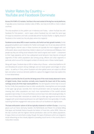 11 
Visitor Rates by Country – 
YouTube and Facebook Dominate 
Across 29 of GWI’s 32 markets, YouTube is the most visited of the big four social platforms; 
it typically scores impressive visitation rates of 80%+, but rises to hit 90% or more in eleven 
countries. 
The only exceptions to this pattern are in Indonesia and Turkey – where YouTube ties with 
Facebook for first position – and in Japan, where Facebook has not made the same type 
of impact as elsewhere and trails considerably behind YouTube (Twitter is slightly ahead of 
Facebook in this market too, the only place where this happens). 
Facebook scores above 90% in seven countries, all of which are fast-growth markets. Similar 
geographical patterns are in evidence for Twitter and Google+ too. As we saw above with the 
regional figures, internet users in these countries are typically the most engaged with, and 
enthusiastic about, social networking. Indeed, in places such as Indonesia and Malaysia, more 
people say they are visiting social networks than search engines each month – a testament 
to their huge popularity and to how widespread social behaviors have become among all 
segments of their online populations (but among young, affluent and urban segments in 
particular, which account for the largest numbers of internet users in these market types). 
Along with Japan, Facebook dips to 50% or below only in Russia – where local platforms VK 
and Odnoklassniki present strong challenges and can boast greater percentages of active 
users – as well as in China, where Facebook and other global names are subject to official 
bans and where numerous domestic platforms capture the biggest shares (we explore this 
in more detail below). 
Despite countries like the US and the UK being some of the most closely observed in terms 
of digital trends, these countries normally come towards the lower end of the country 
rankings across all of the major social platforms. Two demographic trends help to account 
for this: firstly, their populations have an older overall profile, meaning there are more people 
in the upper age groups; secondly, their internet penetration rates are typically very high, 
meaning their online populations are much more representative of the overall national 
population (put simply, it’s not just that these countries have more older people generally, it’s 
that more of these older individuals are online). And, as older age segments tend to be less 
engaged with social networking behaviors (as with digital trends more generally), it’s hardly 
surprising that their engagement rates across sites such as Facebook are slightly lower. 
The least enthusiastic nations of all are typically clustered in northern Europe, comprising 
places such as France, Germany, Sweden, the Netherlands and Poland. It’s similarly telling 
that Japan and Australia feature towards the bottom of most lists: within APAC, these are 
the two countries with the highest internet penetration rates and the oldest populations. 
In Japan, there’s an extra factor at play, though: the types of behaviors which are integral to 
social networking are less closely aligned to prevailing social norms in this country than in 
many other markets. 
 
