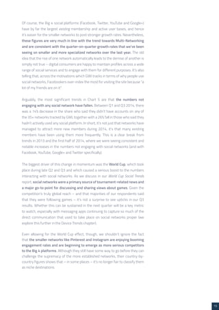 15 
Of course, the Big 4 social platforms (Facebook, Twitter, YouTube and Google+) 
have by far the largest existing membership and active user bases, and hence 
it’s easier for the smaller networks to post stronger growth rates. Nevertheless, 
these figures are very much in line with the trend towards Multi-Networking 
and are consistent with the quarter-on-quarter growth rates that we’ve been 
seeing on smaller and more specialized networks over the last year. The old 
idea that the rise of one network automatically leads to the demise of another is 
simply not true – digital consumers are happy to maintain profiles across a wide 
range of social services and to engage with them for different purposes. It’s also 
telling that, across the motivations which GWI tracks in terms of why people use 
social networks, Facebookers over-index the most for visiting the site because “a 
lot of my friends are on it”. 
Arguably, the most significant trends in Chart 5 are that the numbers not 
engaging with any social network have fallen. Between Q1 and Q3 2014, there 
was a 14% decrease in the share who said they didn’t have accounts on any of 
the 35+ networks tracked by GWI, together with a 26% fall in those who said they 
hadn’t actively used any social platform. In short, it’s not just that networks have 
managed to attract more new members during 2014, it’s that many existing 
members have been using them more frequently. This is a clear break from 
trends in 2013 and the first half of 2014, where we were seeing consistent and 
notable increases in the numbers not engaging with social networks (and with 
Facebook, YouTube, Google+ and Twitter specifically). 
The biggest driver of this change in momentum was the World Cup, which took 
place during late Q2 and Q3 and which caused a serious boost to the numbers 
interacting with social networks. As we discuss in our World Cup Social Trends 
report, social networks were a primary source of tournament-related news and 
a major go-to point for discussing and sharing views about games. Given the 
competition’s truly global reach – and that majorities of our respondents said 
that they were following games – it’s not a surprise to see upticks in our Q3 
results. Whether this can be sustained in the next quarter will be a key metric 
to watch, especially with messaging apps continuing to capture so much of the 
direct communication that used to take place on social networks proper (we 
explore this further in the Device Trends chapter). 
Even allowing for the World Cup effect, though, we shouldn’t ignore the fact 
that the smaller networks like Pinterest and Instagram are enjoying booming 
engagement rates and are beginning to emerge as more serious competitors 
to the Big 4 platforms. Although they still have some way to go before they can 
challenge the supremacy of the more established networks, their country-by-country 
figures shows that – in some places – it’s no longer fair to classify them 
as niche destinations. 
 