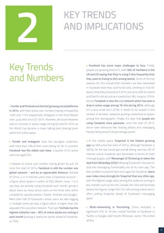 5 
KEY TRENDS 
2 AND IMPLICATIONS 
Key Trends 
and Numbers 
• Tumblr and Pinterest are the fast growing social platforms 
in 2014, with their active user numbers having increased by 
120% and 111% respectively. Instagram is the third fastest 
riser, up by 64% since Q1 2014. However, all social networks 
saw an increase in active usage during Q2 and Q3 2014 as 
the World Cup became a major talking (and sharing) point 
within the online space. 
• Tumblr and Instagram have the youngest audiences, 
with more than 70% of their users being 16-34. In contrast, 
Facebook has the oldest user base; a quarter of its active 
users are aged 45+. 
• Despite its active user number having grown by just 2% 
since the start of 2014, Facebook is still the number one 
global network – and by an appreciable distance. Outside 
of China, 4 in 5 internet users have a Facebook account – 
a figure which peaks in LatAm at 93%. What’s more, 1 in 2 
say they are actively using Facebook each month, giving it 
about twice as many active users as the three sites which 
compete for second position: Twitter, YouTube and Google+. 
More than half of Facebook’s active users are also logging 
in multiple times per day, a figure which is higher than the 
equivalent for any other network. That said, YouTube has the 
highest visitation rate – 85% of online adults are visiting it 
each month (putting it nearly ten points ahead of Facebook, 
on 76%). 
• Facebook has some major challenges to face. Firstly, 
people are growing tired of it, with 50% of members in the 
UK and US saying that they’re using it less frequently than 
they used to (rising to 64% among teens). Some of the top 
reasons for this include that members are less interested 
in Facebook than they used to be (45%, climbing to 54% for 
teens), that they’re bored of it (37%, but up to 50% for teens) 
and that it’s not as cool as it used to be (18%, rising to 27% for 
teens). Facebook is also the only network which has seen a 
drop in active usage among 16-24s during 2014; although 
it’s a very small one (-0.5%), it needs to be viewed in the 
context of all other networks posting substantial increases 
among this demographic. Finally, it’s clear that people are 
using Facebook more passively; since the start of 2013, 
we’ve seen behaviors like sharing photos and messaging 
friends fall by around 20 percentage points. 
• In the mobile space, Snapchat is the fastest growing 
app (up 56% since the start of 2014), although Facebook is 
still by far the top social app overall (being used by 43% of 
internet users). Facebook also dominates in terms of chat/ 
messaging apps, with Messenger (27%) having re-taken the 
lead from WhatsApp (25%) following Facebook’s decision to 
strip the messaging functionality out of its main app. The 
teen problem is present here once again for Facebook: teens 
over-index more strongly for Snapchat than any other app, 
with the highest usage rates among this audience coming in 
key markets such as the UK, Canada, the USA and Australia 
(where the figures range from 25-40% among online teens, 
often putting Snapchat ahead of Facebook’s messaging 
apps). 
• Multi-networking is flourishing; China excluded, a 
significant 91% of 16-64s visited YouTube or Facebook or 
Twitter or Google+ last month. Moreover, some 19% visited 
all four. 
 