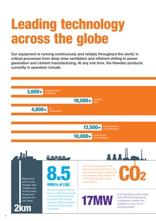 6
Leading technology
across the globe
Our equipment is running continuously and reliably throughout the world, in
critical processes from deep mine ventilation and offshore drilling to power
generation and cement manufacturing. At any one time, the Howden products
currently in operation include
reciprocating
compressors12,500+
centrifugal
compressors10,000+
variable pitch
axial fans3,000+
cooling
fans10,000+
air
preheaters4,000+
Beyond the
arctic circle,
Howden fans
ventilate one
of the world’s
largest and
deepest iron
ore mines.
2km
17MW
CO2
is the impressive power rating
of the API 618 reciprocating
compressors Howden has
supplied for use in the oil
and gas industry.
Howden is a key player in the
advanced technology that could
lead to a new carbon capture and
sequestration (CCS) initiative for
combined cycle gas turbine
power stations.
8.5MMt/a of LNG
Howden’s large oil injected
screw compressors provide
upstream gas boosting for
the world’s first coal bed
methane (CBM) to liquefied
natural gas (LNG) project
in Australia.
 