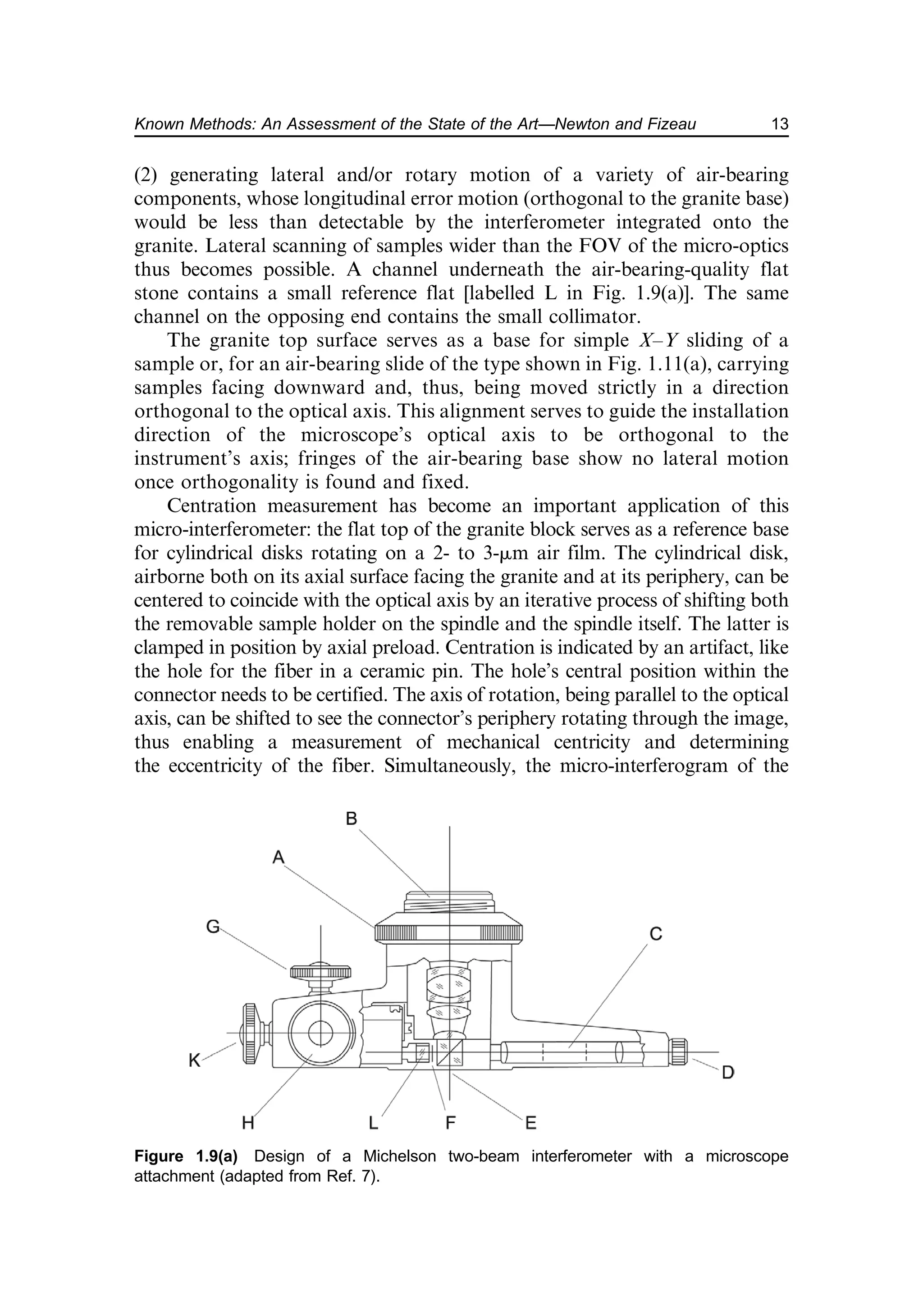 (2) generating lateral and/or rotary motion of a variety of air-bearing
components, whose longitudinal error motion (orthogonal to the granite base)
would be less than detectable by the interferometer integrated onto the
granite. Lateral scanning of samples wider than the FOV of the micro-optics
thus becomes possible. A channel underneath the air-bearing-quality flat
stone contains a small reference flat [labelled L in Fig. 1.9(a)]. The same
channel on the opposing end contains the small collimator.
The granite top surface serves as a base for simple X–Y sliding of a
sample or, for an air-bearing slide of the type shown in Fig. 1.11(a), carrying
samples facing downward and, thus, being moved strictly in a direction
orthogonal to the optical axis. This alignment serves to guide the installation
direction of the microscope’s optical axis to be orthogonal to the
instrument’s axis; fringes of the air-bearing base show no lateral motion
once orthogonality is found and fixed.
Centration measurement has become an important application of this
micro-interferometer: the flat top of the granite block serves as a reference base
for cylindrical disks rotating on a 2- to 3-mm air film. The cylindrical disk,
airborne both on its axial surface facing the granite and at its periphery, can be
centered to coincide with the optical axis by an iterative process of shifting both
the removable sample holder on the spindle and the spindle itself. The latter is
clamped in position by axial preload. Centration is indicated by an artifact, like
the hole for the fiber in a ceramic pin. The hole’s central position within the
connector needs to be certified. The axis of rotation, being parallel to the optical
axis, can be shifted to see the connector’s periphery rotating through the image,
thus enabling a measurement of mechanical centricity and determining
the eccentricity of the fiber. Simultaneously, the micro-interferogram of the
Figure 1.9(a) Design of a Michelson two-beam interferometer with a microscope
attachment (adapted from Ref. 7).
13
Known Methods: An Assessment of the State of the Art—Newton and Fizeau
 
