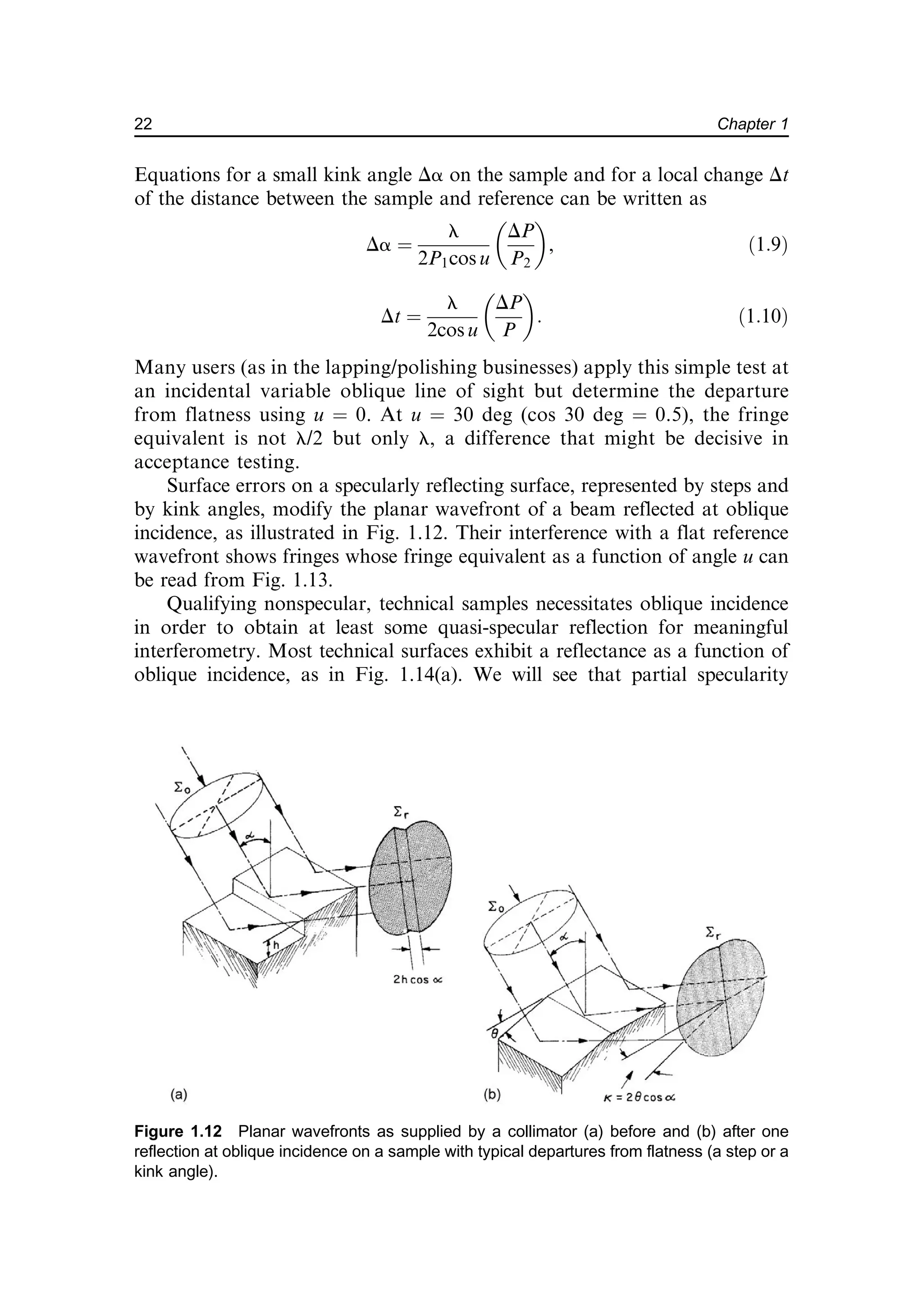 Equations for a small kink angle Da on the sample and for a local change Dt
of the distance between the sample and reference can be written as
Da ¼
l
2P1cos u
DP
P2
 
, ð1:9Þ
Dt ¼
l
2cos u
DP
P
 
: ð1:10Þ
Many users (as in the lapping/polishing businesses) apply this simple test at
an incidental variable oblique line of sight but determine the departure
from flatness using u ¼ 0. At u ¼ 30 deg (cos 30 deg ¼ 0.5), the fringe
equivalent is not l/2 but only l, a difference that might be decisive in
acceptance testing.
Surface errors on a specularly reflecting surface, represented by steps and
by kink angles, modify the planar wavefront of a beam reflected at oblique
incidence, as illustrated in Fig. 1.12. Their interference with a flat reference
wavefront shows fringes whose fringe equivalent as a function of angle u can
be read from Fig. 1.13.
Qualifying nonspecular, technical samples necessitates oblique incidence
in order to obtain at least some quasi-specular reflection for meaningful
interferometry. Most technical surfaces exhibit a reflectance as a function of
oblique incidence, as in Fig. 1.14(a). We will see that partial specularity
Figure 1.12 Planar wavefronts as supplied by a collimator (a) before and (b) after one
reflection at oblique incidence on a sample with typical departures from flatness (a step or a
kink angle).
22 Chapter 1
 