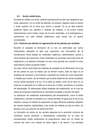 3.5. Acodo subterráneo.
Consiste en doblar una rama, pelando previamente la parte que deseamos que
brote, aplicando o no un anillo de alambre, se entierra, dejando fuera el vértice
o parte superior de la rama que vamos a acodar. Si no se deja enterrar
podemos fijarla con alambre o estacas de madera, a los pocos meses
observaremos como brotan raíces de la zona enterrada, si la prolongamos y
estrenamos con este método obtenemos unas raíces con un grosor
considerable.
3.5.1. Factores que afectan la regeneración de las plantas por acodado
Durante el acodado la formación de la raíz es estimulada por varios
tratamientos aplicados al tallo que ocasionan una interrupción de la
translocación hacia debajo de materiales orgánicos, carbohidratos, auxina y
otros factores de crecimiento. Esos materiales se acumulan cerca del punto de
tratamiento y se efectúa enraizado en esa zona general aun cuando la rama
está todavía unida a la planta madre.
Un paso común para todos los métodos de acodado es la eliminación de la luz
de las partes en que se desea que se formen raíces. Esto se logra en el
acodado de montículo y de trinchera, cubriendo los brotes de nuevo desarrollo
a medida que crecen, de tal manera que la parte basal de las ramas acodadas
nunca queda expuesta a la luz. Si la parte ya existe, como es el caso en un
brote de un banquillo en un tallo en la rama de un árbol, se efectúa un proceso
de blanqueado. El blanqueado difiere bastante del ahilamiento, en el cual las
ramas se producen enteramente en oscuridad completa y carecen de hojas.
La aplicación de sustancias estimuladoras del enraizamiento, como el ácido
indolbutírico, durante el acodado es a veces benéfico al igual que lo es en las
estacas, aunque el método de aplicación es algo diferente pudiendo utilizarse
de manera efectiva, aplicándolas a las cortes de anillado ya sea en polvo, en
lanolina o en una solución de alcohol de 50%.
La formación de raíces en los acodos depende de la provisión continua de
humedad, buena aireación y temperaturas moderadas en la zona de
enraizamiento. Estas condiciones se proporcionan mejor por un medio de
enraíce tal, como una mezcla de tierra ligera y de aserrín. Los períodos
 