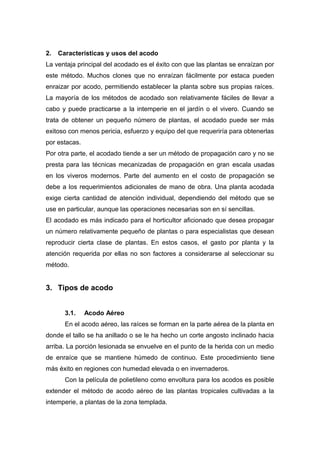 2. Características y usos del acodo
La ventaja principal del acodado es el éxito con que las plantas se enraízan por
este método. Muchos clones que no enraízan fácilmente por estaca pueden
enraizar por acodo, permitiendo establecer la planta sobre sus propias raíces.
La mayoría de los métodos de acodado son relativamente fáciles de llevar a
cabo y puede practicarse a la intemperie en el jardín o el vivero. Cuando se
trata de obtener un pequeño número de plantas, el acodado puede ser más
exitoso con menos pericia, esfuerzo y equipo del que requeriría para obtenerlas
por estacas.
Por otra parte, el acodado tiende a ser un método de propagación caro y no se
presta para las técnicas mecanizadas de propagación en gran escala usadas
en los viveros modernos. Parte del aumento en el costo de propagación se
debe a los requerimientos adicionales de mano de obra. Una planta acodada
exige cierta cantidad de atención individual, dependiendo del método que se
use en particular, aunque las operaciones necesarias son en sí sencillas.
El acodado es más indicado para el horticultor aficionado que desea propagar
un número relativamente pequeño de plantas o para especialistas que desean
reproducir cierta clase de plantas. En estos casos, el gasto por planta y la
atención requerida por ellas no son factores a considerarse al seleccionar su
método.
3. Tipos de acodo
3.1. Acodo Aéreo
En el acodo aéreo, las raíces se forman en la parte aérea de la planta en
donde el tallo se ha anillado o se le ha hecho un corte angosto inclinado hacia
arriba. La porción lesionada se envuelve en el punto de la herida con un medio
de enraíce que se mantiene húmedo de continuo. Este procedimiento tiene
más éxito en regiones con humedad elevada o en invernaderos.
Con la película de polietileno como envoltura para los acodos es posible
extender el método de acodo aéreo de las plantas tropicales cultivadas a la
intemperie, a plantas de la zona templada.
 