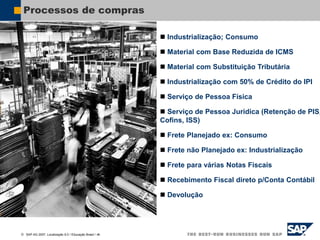  SAP AG 2007, Localização 6.0 / Educação Brasil / ‹#›
Processos de compras
 Industrialização; Consumo
 Material com Base Reduzida de ICMS
 Material com Substituição Tributária
 Industrialização com 50% de Crédito do IPI
 Serviço de Pessoa Física
 Serviço de Pessoa Juridica (Retenção de PIS,
Cofins, ISS)
 Frete Planejado ex: Consumo
 Frete não Planejado ex: Industrialização
 Frete para várias Notas Fiscais
 Recebimento Fiscal direto p/Conta Contábil
 Devolução
 