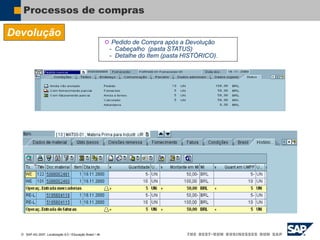  SAP AG 2007, Localização 6.0 / Educação Brasil / ‹#›
Processos de compras
Devolução
 Pedido de Compra após a Devolução
- Cabeçalho (pasta STATUS)
- Detalhe do Item (pasta HISTÓRICO).
 