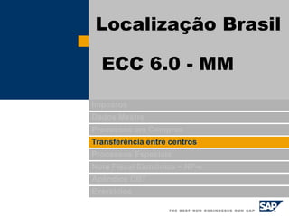 Impostos
Dados Mestre
Processos em Compras
Transferência entre centros
Processos Especiais
Nota Fiscal Eletrônica – NF-e
Apêndice CBT
Exercícios
Localização Brasil
ECC 6.0 - MM
 