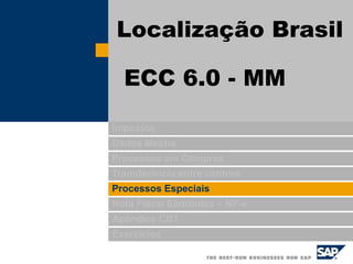 Impostos
Dados Mestre
Processos em Compras
Transferência entre centros
Processos Especiais
Nota Fiscal Eletrônica – NF-e
Apêndice CBT
Exercícios
Localização Brasil
ECC 6.0 - MM
 