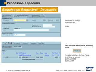  SAP AG 2007, Localização 6.0 / Educação Brasil / ‹#›
Processos especiais
Embalagem Retornável - Devolução
Preencher os campo:
Mont.base div.
Enter
Para visualizar a Nota Fiscal, acessar o
ícone:
No detalhe do item da Nota Fiscal,
preencher os campos
Dir.Fiscal ICMS
Dir.Fiscal IPI
 