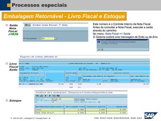  SAP AG 2007, Localização 6.0 / Educação Brasil / ‹#›
Processos especiais
Embalagem Retornável - Livro Fiscal e Estoque
 Livro
Fiscal
Saída
 Estoque
 Saída
Nota
Fiscal
J1B3N
Este número é o Controle Interno da Nota Fiscal.
Antes de consultar a Nota Fiscal, executar a saída
através do caminho:
No menu: Nota Fiscal => Saída
O Sistema exibirá uma mensagem de Exito ou de Erro
 