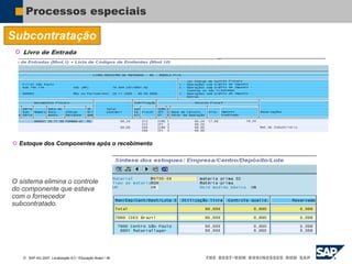  SAP AG 2007, Localização 6.0 / Educação Brasil / ‹#›
Processos especiais
Subcontratação
 Livro de Entrada
 Estoque dos Componentes após o recebimento
O sistema elimina o controle
do componente que estava
com o fornecedor
subcontratado.
 