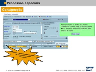  SAP AG 2007, Localização 6.0 / Educação Brasil / ‹#›
Processos especiais
Consignação
 Revisão de Fatura (2a. Nota Fiscal - Faturamento)
Após preencher os dados das Pastas
DdsBásicos (valor e data) e Detalhe (ctg.NF
X2), o acesso a Nota Fiscal pode ser feito
através do ícone
 