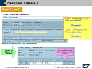  SAP AG 2007, Localização 6.0 / Educação Brasil / ‹#›
Processos especiais
Consignação
 Nota Fiscal de Faturamento
Detalhe do
Cálculo dos
Impostos
Para ter o detalhe das bases para
cálculo, acessar o ícone:
e para ter o detalhe dos impostos
do ítem, acessar o ícone:
Imposto Estatístico,
para efeito de cálculo
contábil
 