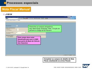  SAP AG 2007, Localização 6.0 / Educação Brasil / ‹#›
Processos especiais
Nota Fiscal Manual
 J1B1N
Preencher os campos obrigatórios:
Ctg. Nota Fiscal, Empresa, Filial , Função de
parceiro e Código de ID Parceiro
Este campo deve estar
desativado para que o ICMS
faça parte da Base de Cálculo
dos Impostos.
Completar os campos do detalhe da Nota
Fiscal, atualizando os Livros Fiscais
 