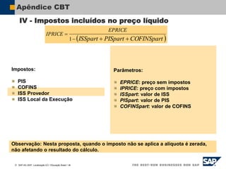  SAP AG 2007, Localização 6.0 / Educação Brasil / ‹#›
Apêndice CBT
Impostos:
PIS
COFINS
ISS Provedor
ISS Local da Execução
Parâmetros:
EPRICE: preço sem impostos
IPRICE: preço com impostos
ISSpart: valor de ISS
PISpart: valor de PIS
COFINSpart: valor de COFINS
Observação: Nesta proposta, quando o imposto não se aplica a alíquota é zerada,
não afetando o resultado do cálculo.
 
COFINSpart
PISpart
ISSpart
EPRICE
IPRICE




1
IV - Impostos incluídos no preço líquido
 