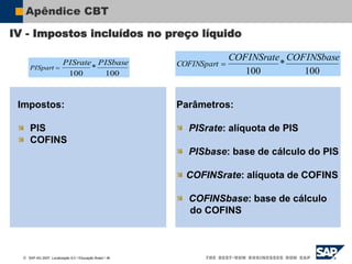  SAP AG 2007, Localização 6.0 / Educação Brasil / ‹#›
Apêndice CBT
100
*
100
COFINSbase
COFINSrate
COFINSpart 
Impostos:
PIS
COFINS
Parâmetros:
PISrate: alíquota de PIS
PISbase: base de cálculo do PIS
COFINSrate: alíquota de COFINS
COFINSbase: base de cálculo
do COFINS
100
*
100
PISbase
PISrate
PISpart 
IV - Impostos incluídos no preço líquido
 