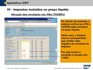  SAP AG 2007, Localização 6.0 / Educação Brasil / ‹#›
Apêndice CBT
Ativação das condições nos IVAs (TAXBRJ)
No cálculo de impostos o
sistema verifica se o PIS e
COFINS estão incluídos
no preço líquido.
Neste caso, o sistema
retorna contrapartidas
que contém valor
negativo do montante do
imposto.
Por este motivo a
condição é ativada com
+100%.
IV - Impostos incluídos no preço líquido
 