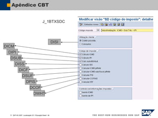  SAP AG 2007, Localização 6.0 / Educação Brasil / ‹#›
Apêndice CBT
DIPI
DSUB
DISS
DICF
DSUF
DPIS
DCOF
DICM
DWHT
DISI
J_1BTXSDC
 