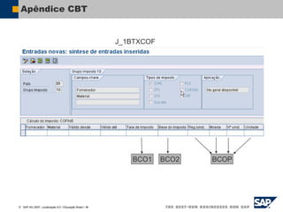  SAP AG 2007, Localização 6.0 / Educação Brasil / ‹#›
Apêndice CBT
J_1BTXCOF
BCO1 BCO2 BCOP
ISVR
 