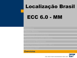 Impostos
Dados Mestre
Processos em Compras
Transferência entre centros
Processos Especiais
Nota Fiscal Eletrônica – NF-e
Apêndice CBT
Exercícios
Localização Brasil
ECC 6.0 - MM
 