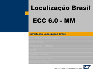 Introdução Localização Brasil
Estrutura Organizacional
Nota Fiscal
Transação J1BTAX
CFOP
Direitos Fiscais
Configuração IVA’s
Tabela dinâmica
Localização Brasil
ECC 6.0 - MM
 