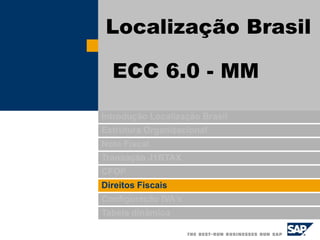 Introdução Localização Brasil
Estrutura Organizacional
Nota Fiscal
Transação J1BTAX
CFOP
Direitos Fiscais
Configuração IVA’s
Tabela dinâmica
Localização Brasil
ECC 6.0 - MM
 