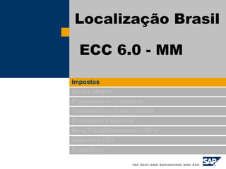 Impostos
Dados Mestre
Processos em Compras
Transferência entre centros
Processos Especiais
Nota Fiscal Eletrônica – NF-e
Apêndice CBT
Exercícios
Localização Brasil
ECC 6.0 - MM
 
